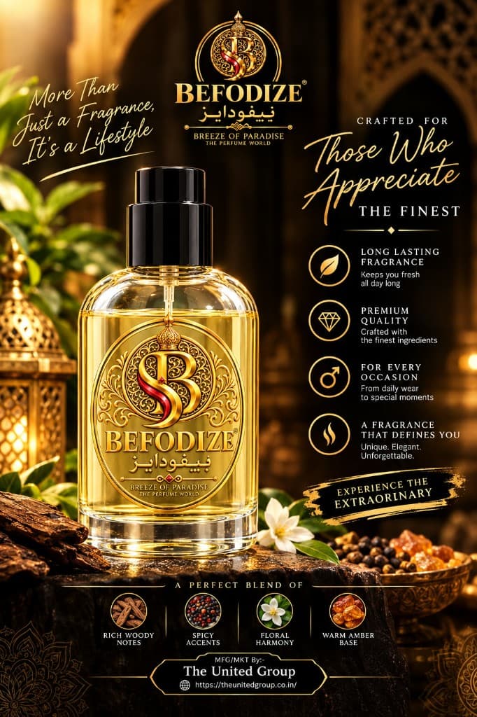 BEFODIZE gold presentation: a gold-capped bottle of amber fragrance with an ornate gold medallion, photographed among lanterns, wood, flowers, and spices. The poster reads More than just a fragrance, it is a lifestyle, and credits manufacture and marketing to The United Group.